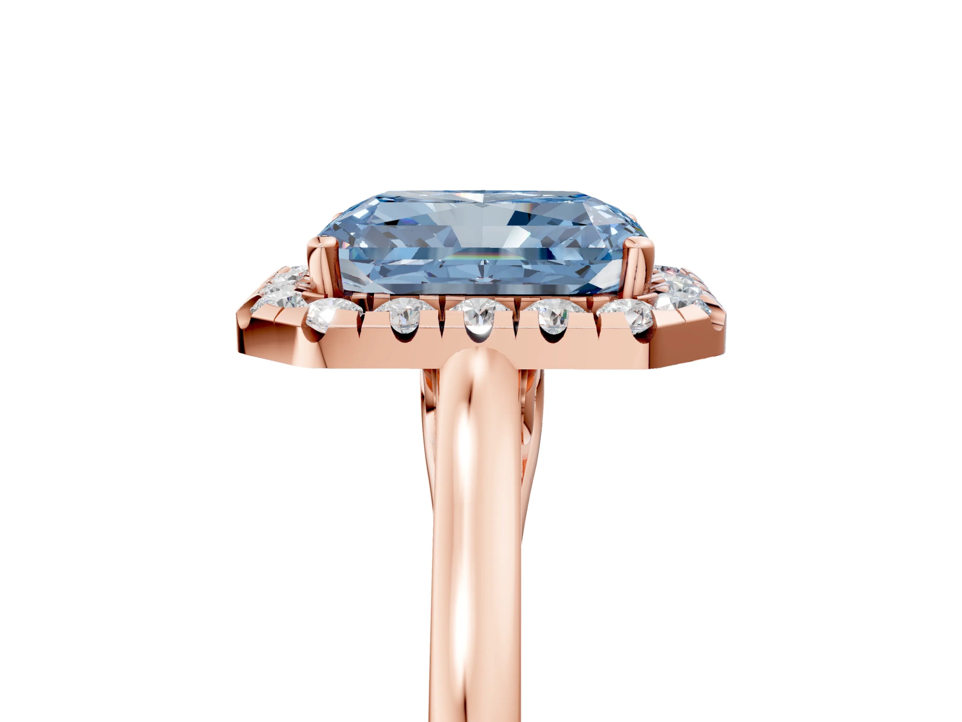 Rose gold Fancy Blue Radiant Cut Halo Round Diamond Solitaire Ring with Pavé Band and Four-Prong Setting_5