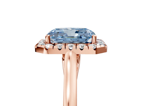 Rose gold Fancy Blue Radiant Cut Halo Round Diamond Solitaire Ring with Pavé Band and Four-Prong Setting_5