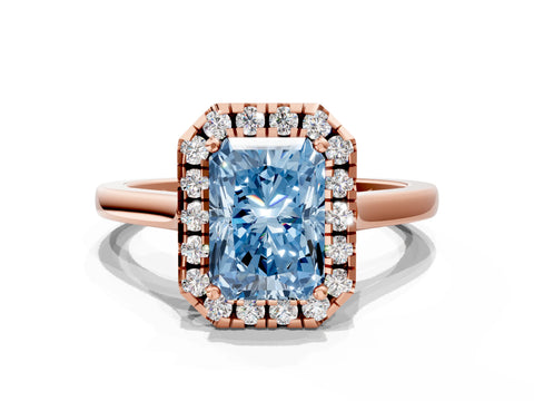 Rose gold Fancy Blue Radiant Cut Halo Round Diamond Solitaire Ring with Pavé Band and Four-Prong Setting