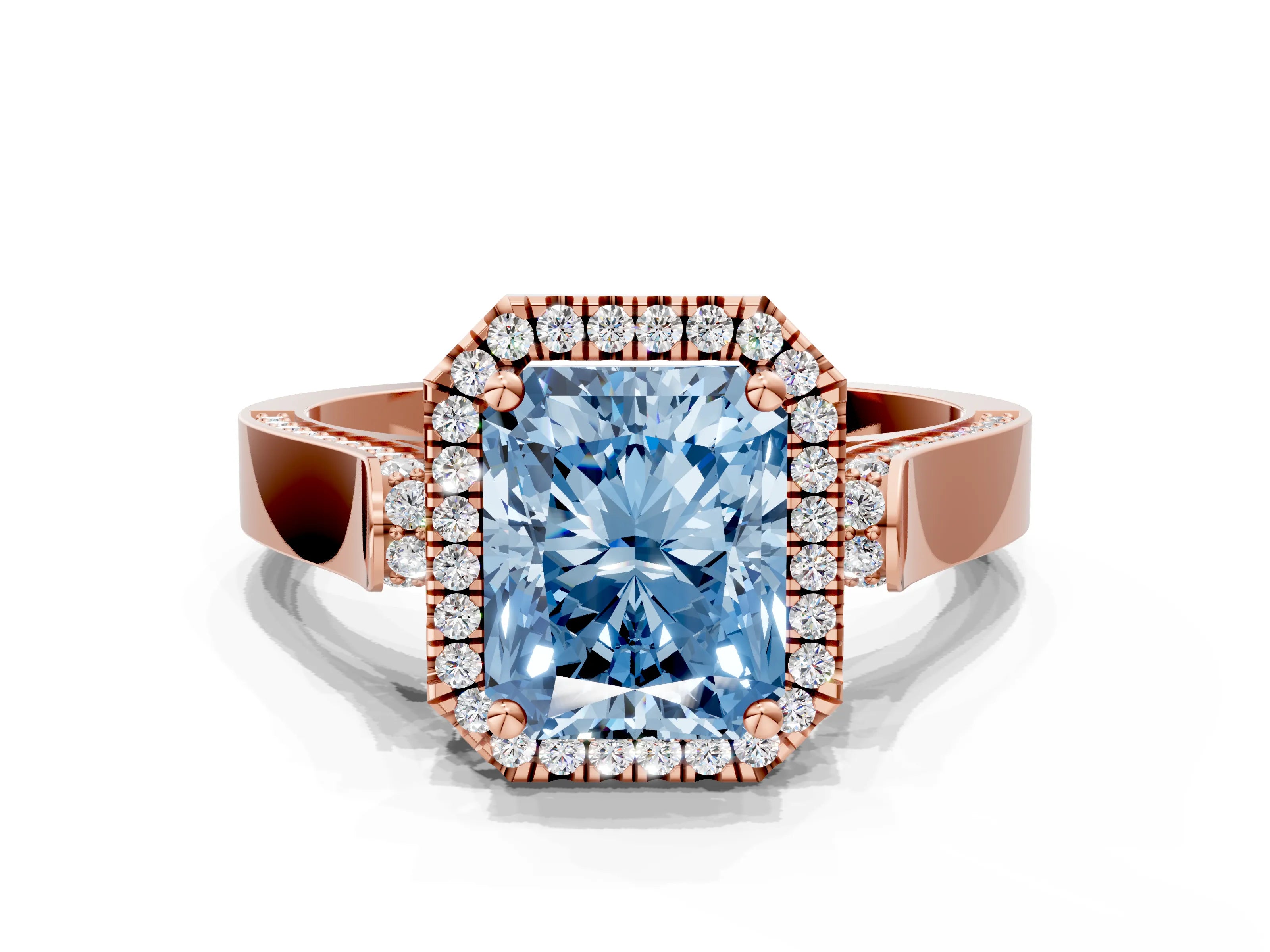 Rose gold Fancy Blue Radiant Cut Halo Round Diamond Twist Band with Four-Prong Setting