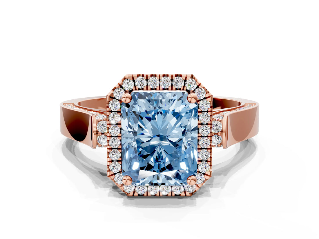 Rose gold Fancy Blue Radiant Cut Halo Round Diamond Twist Band with Four-Prong Setting