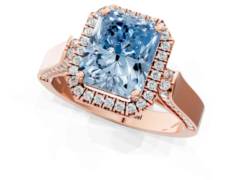 Rose gold Fancy Blue Radiant Cut Halo Round Diamond Twist Band with Four-Prong Setting_1
