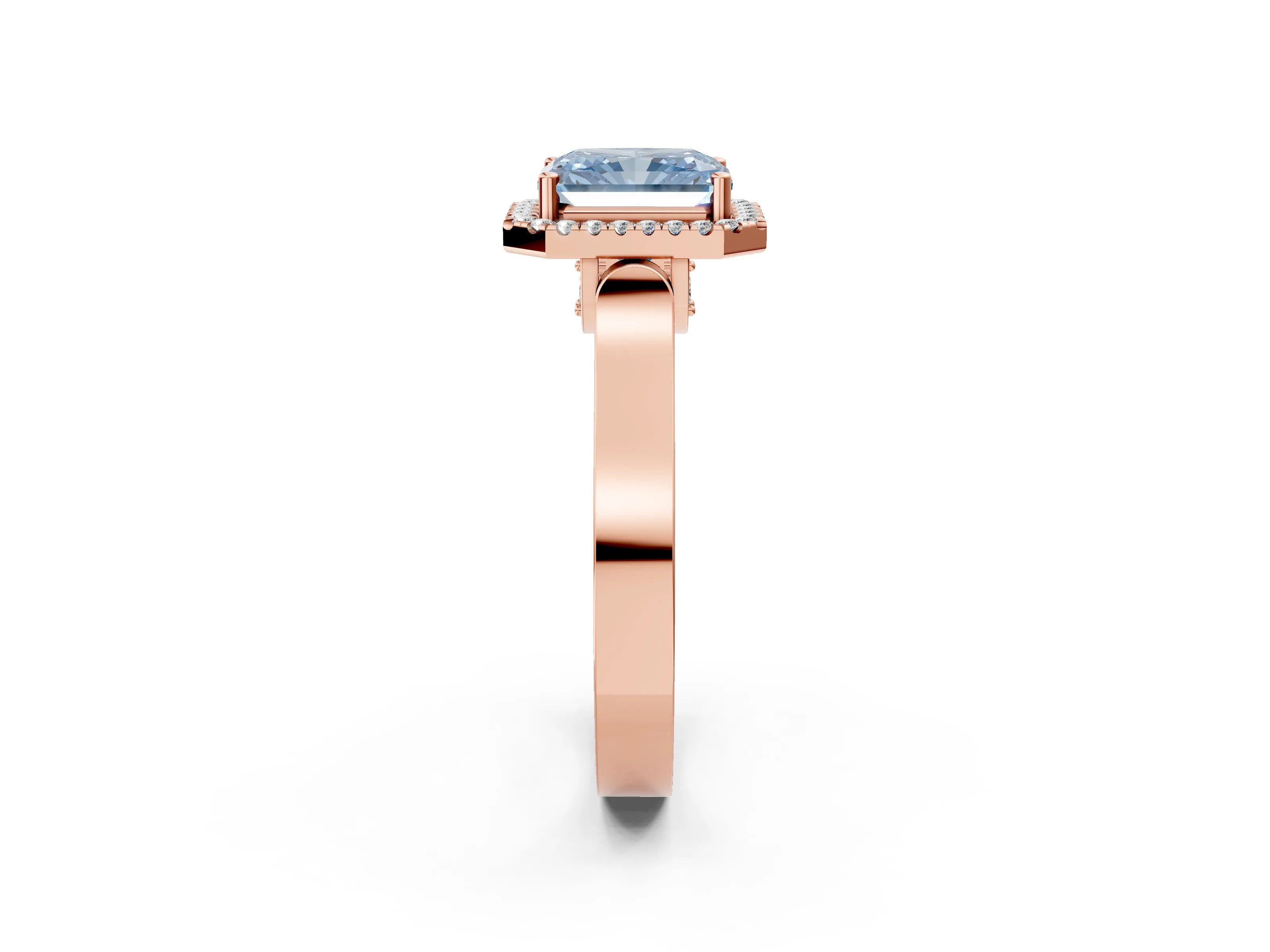 Rose gold Fancy Blue Radiant Cut Halo Round Diamond Twist Band with Four-Prong Setting_2