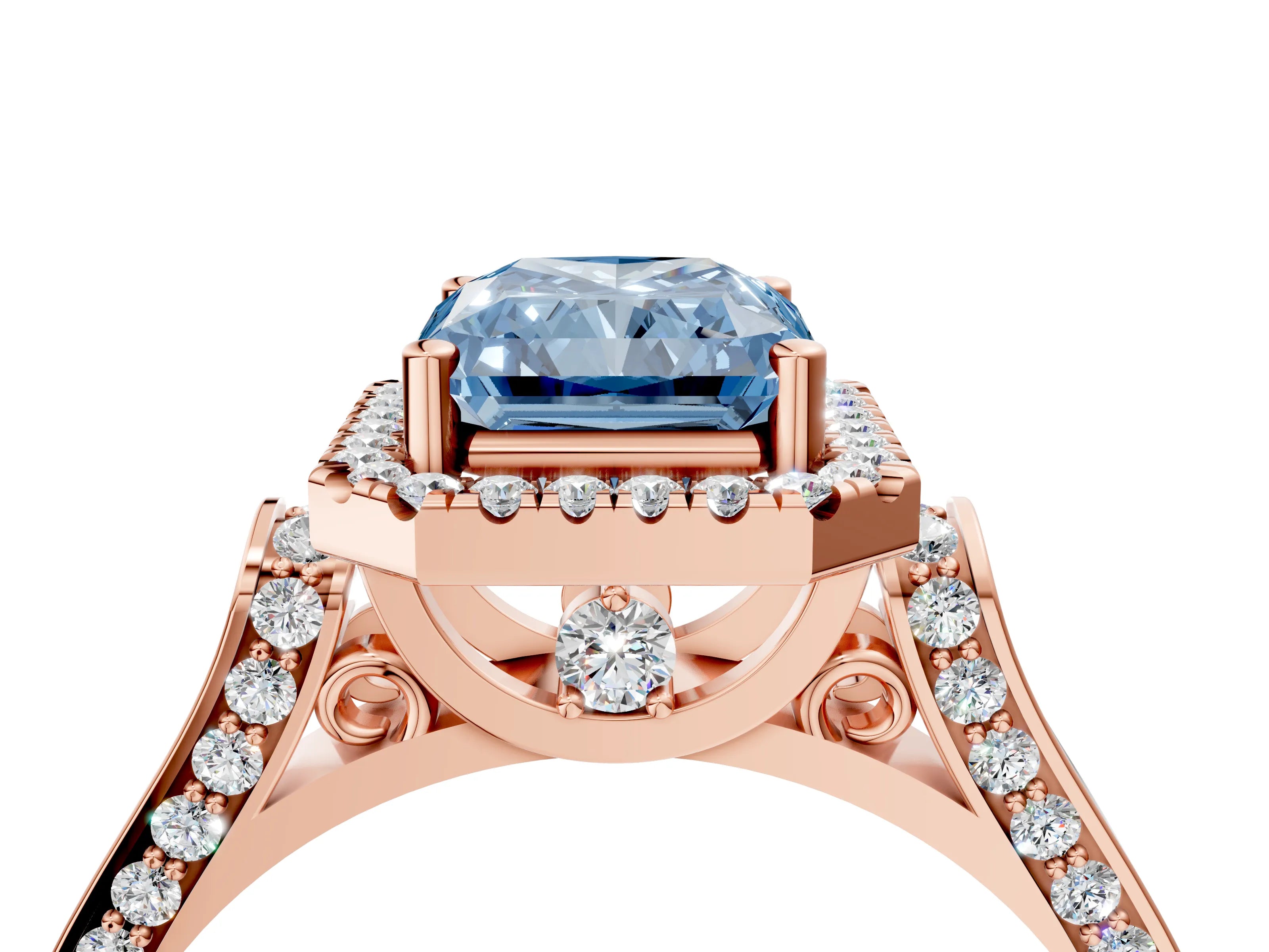 Rose gold Fancy Blue Radiant Cut Halo Round Diamond Twist Band with Four-Prong Setting_4