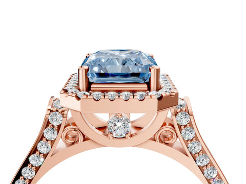 Rose gold Fancy Blue Radiant Cut Halo Round Diamond Twist Band with Four-Prong Setting_4
