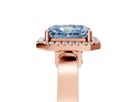 Rose gold Fancy Blue Radiant Cut Halo Round Diamond Twist Band with Four-Prong Setting_5