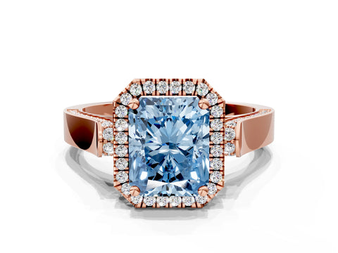 Rose gold Fancy Blue Radiant Cut Halo Round Diamond Twist Band with Four-Prong Setting