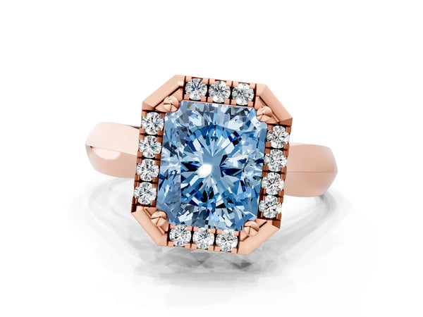 Rose gold Fancy Blue Radiant  Cut Halo Solitaire Engagement Ring with Square Band and Four-Prong Setting