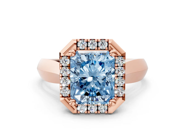 Rose gold Fancy Blue Radiant  Cut Halo Solitaire Engagement Ring with Square Band and Four-Prong Setting