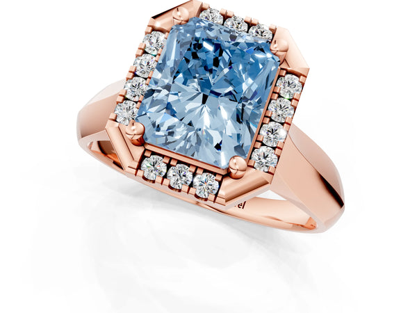 Rose gold Fancy Blue Radiant  Cut Halo Solitaire Engagement Ring with Square Band and Four-Prong Setting