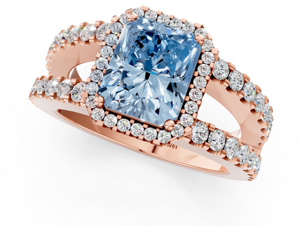 Rose gold Fancy Blue Radiant  Cut Halo Split Shank Diamond Ring with Four-Prong Setting