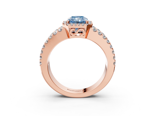 Rose gold Fancy Blue Radiant  Cut Halo Split Shank Diamond Ring with Four-Prong Setting