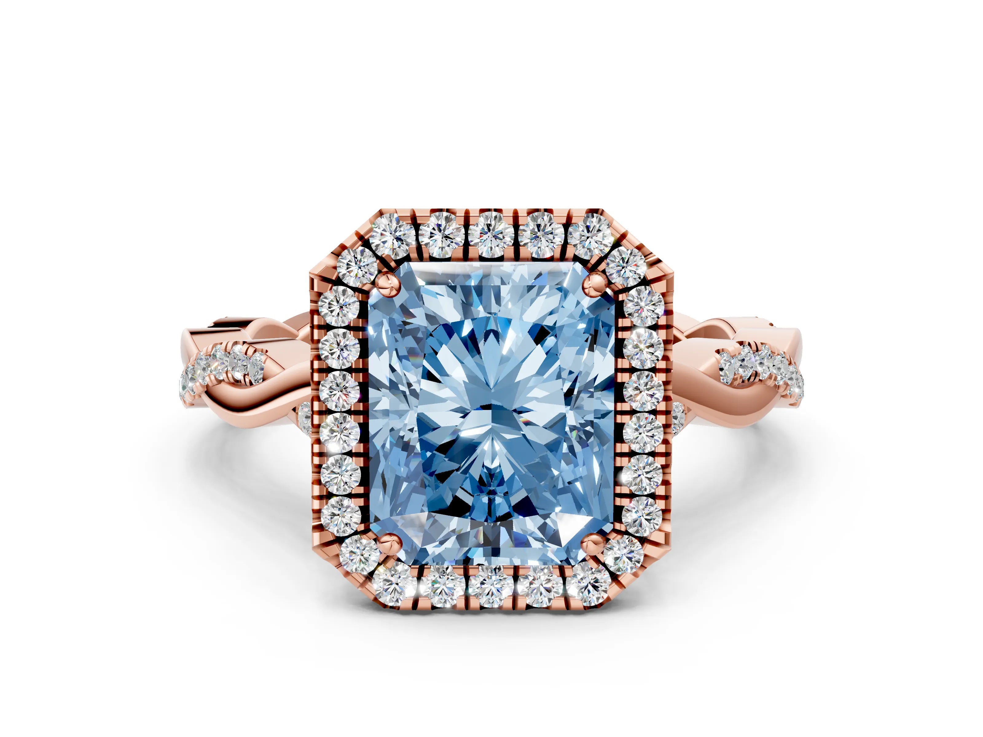 Rose gold Fancy Blue Radiant Cut Halo Twist Band with Four-Prong Setting_12