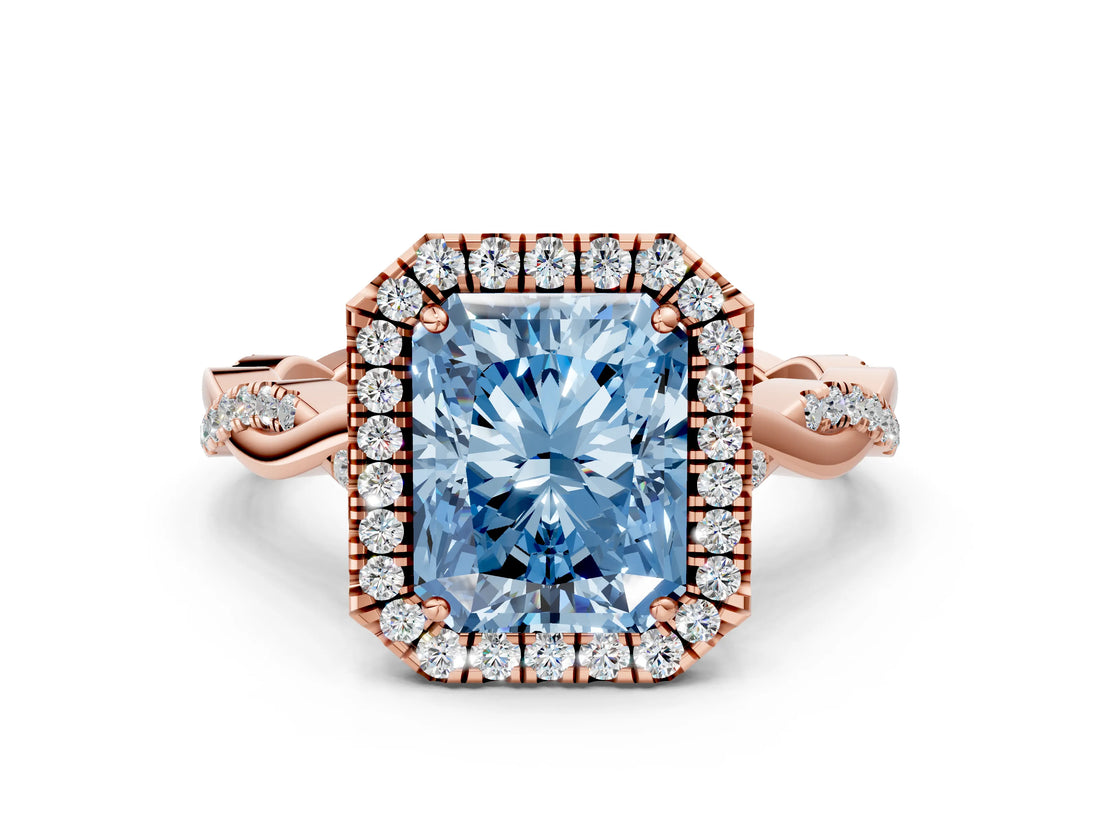 Rose gold Fancy Blue Radiant Cut Halo Twist Band with Four-Prong Setting_12