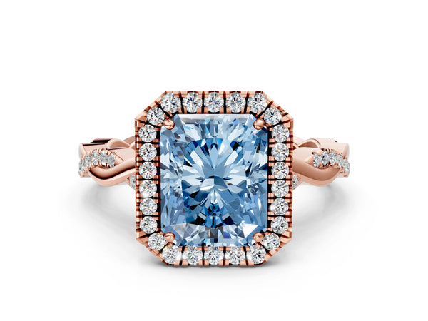 Rose Gold Radiant Cut Interwoven Twist Halo Engagement Ring Setting for Fancy Blue Center