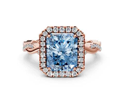 Rose gold Fancy Blue Radiant Cut Halo Twist Band with Four-Prong Setting_12