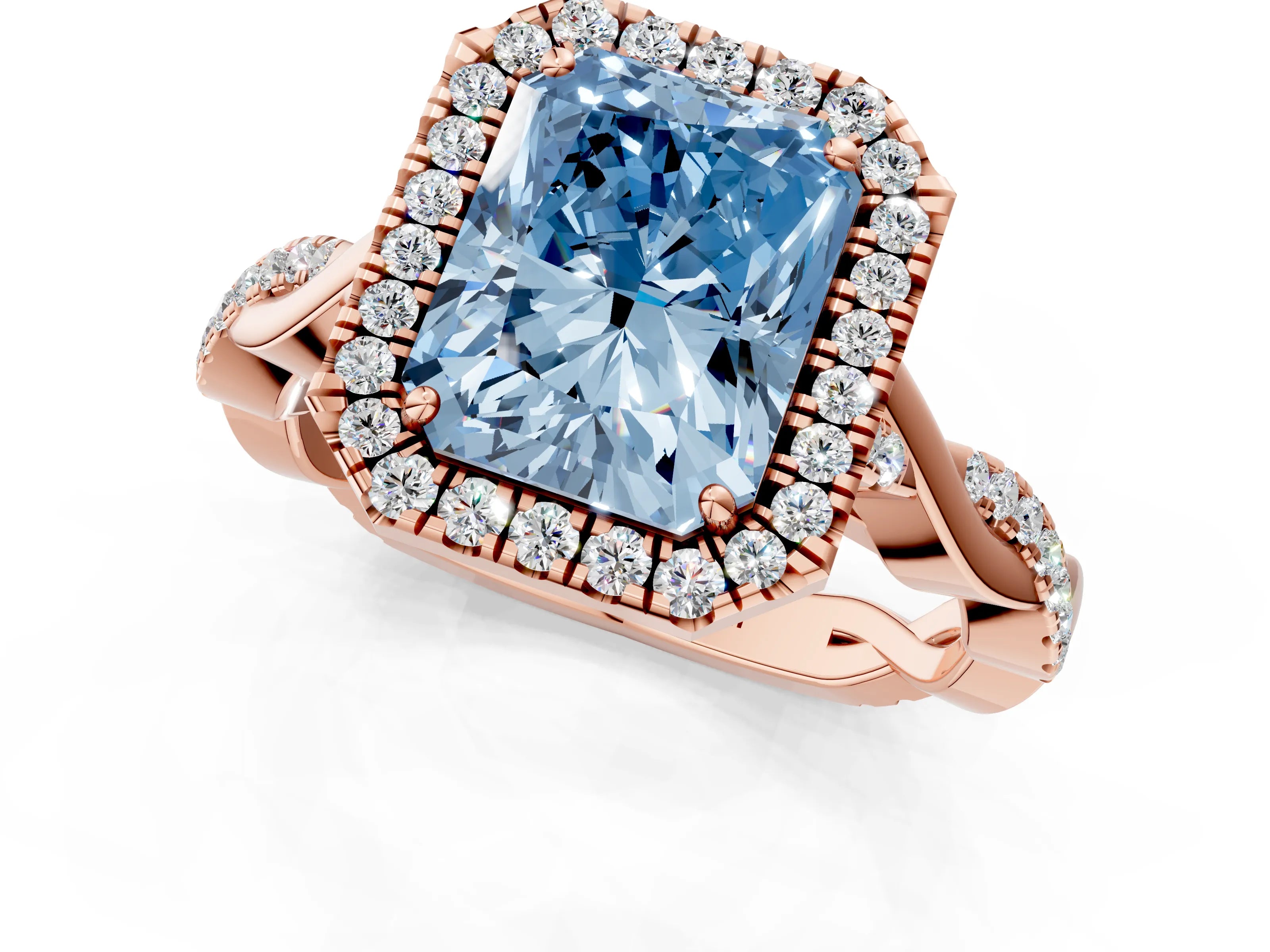 Rose gold Fancy Blue Radiant Cut Halo Twist Band with Four-Prong Setting_13
