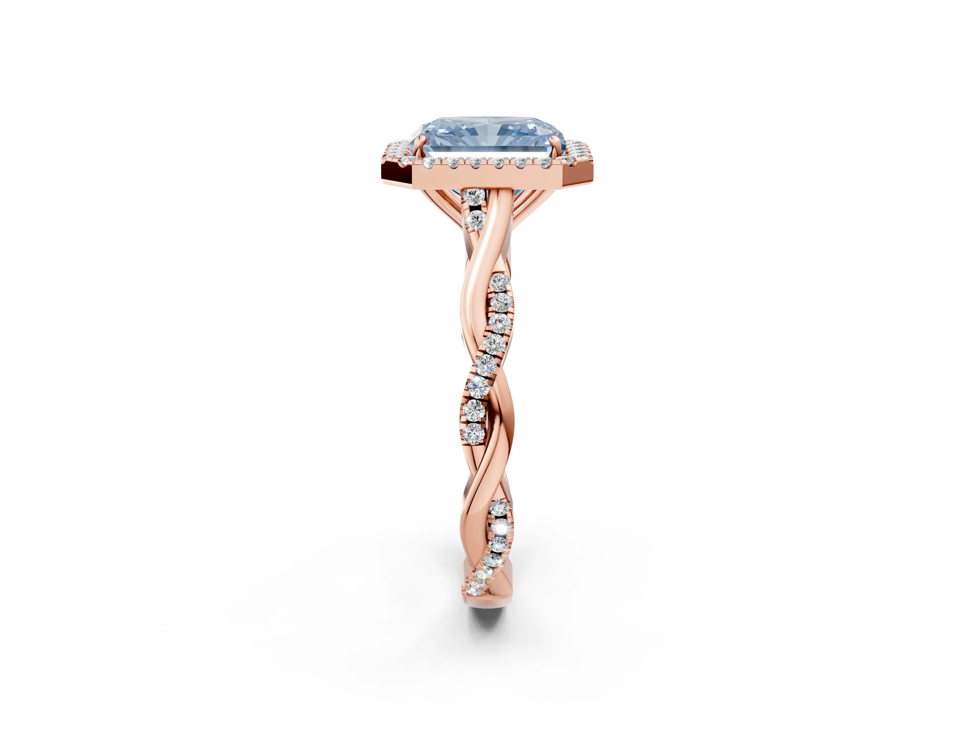 Rose gold Fancy Blue Radiant Cut Halo Twist Band with Four-Prong Setting_14