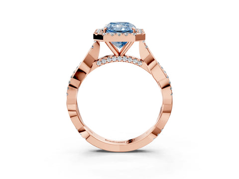 Rose gold Fancy Blue Radiant Cut Halo Twist Band with Four-Prong Setting_15