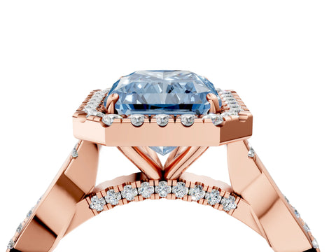Rose gold Fancy Blue Radiant Cut Halo Twist Band with Four-Prong Setting_16