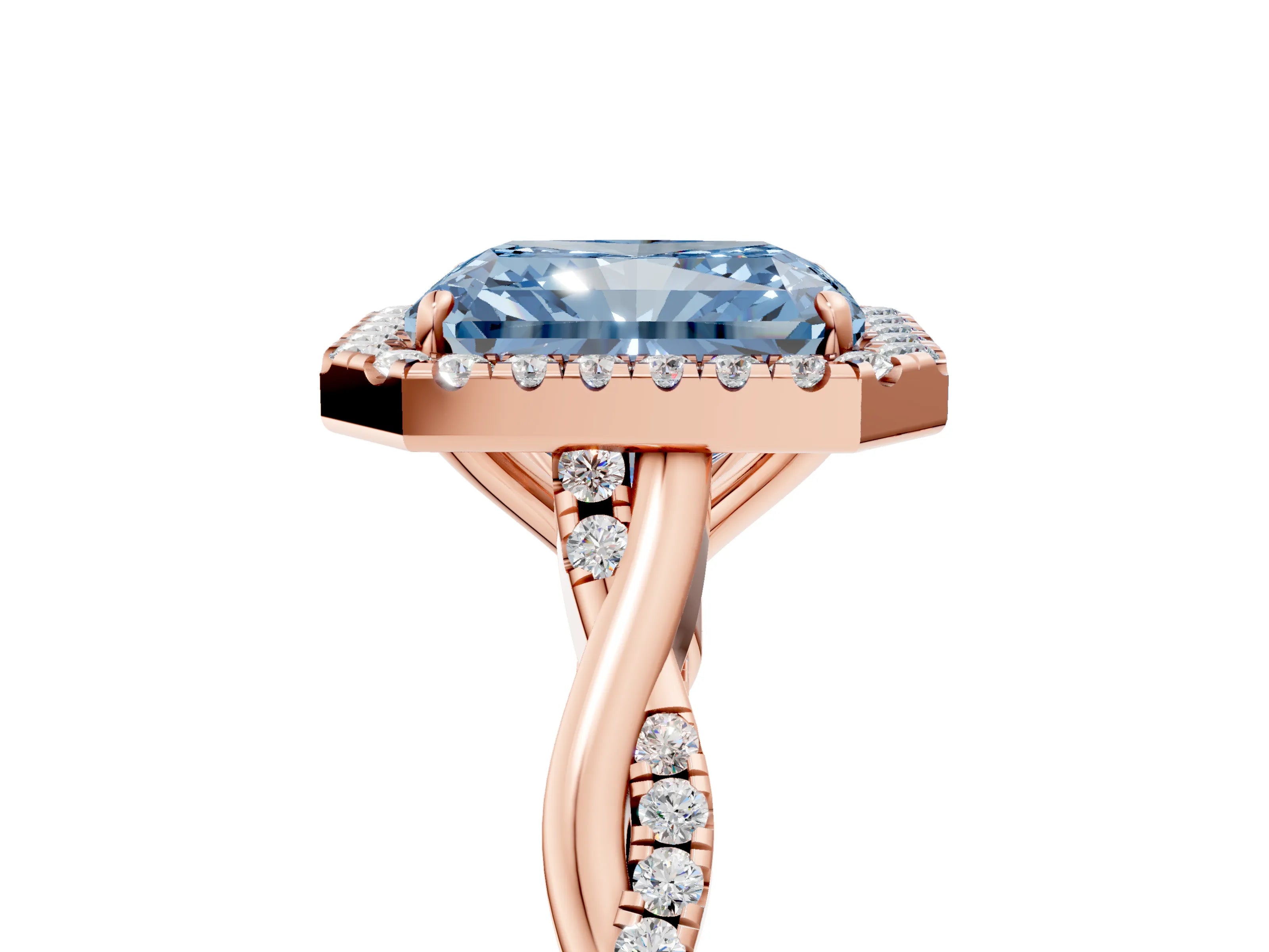 Rose gold Fancy Blue Radiant Cut Halo Twist Band with Four-Prong Setting_17