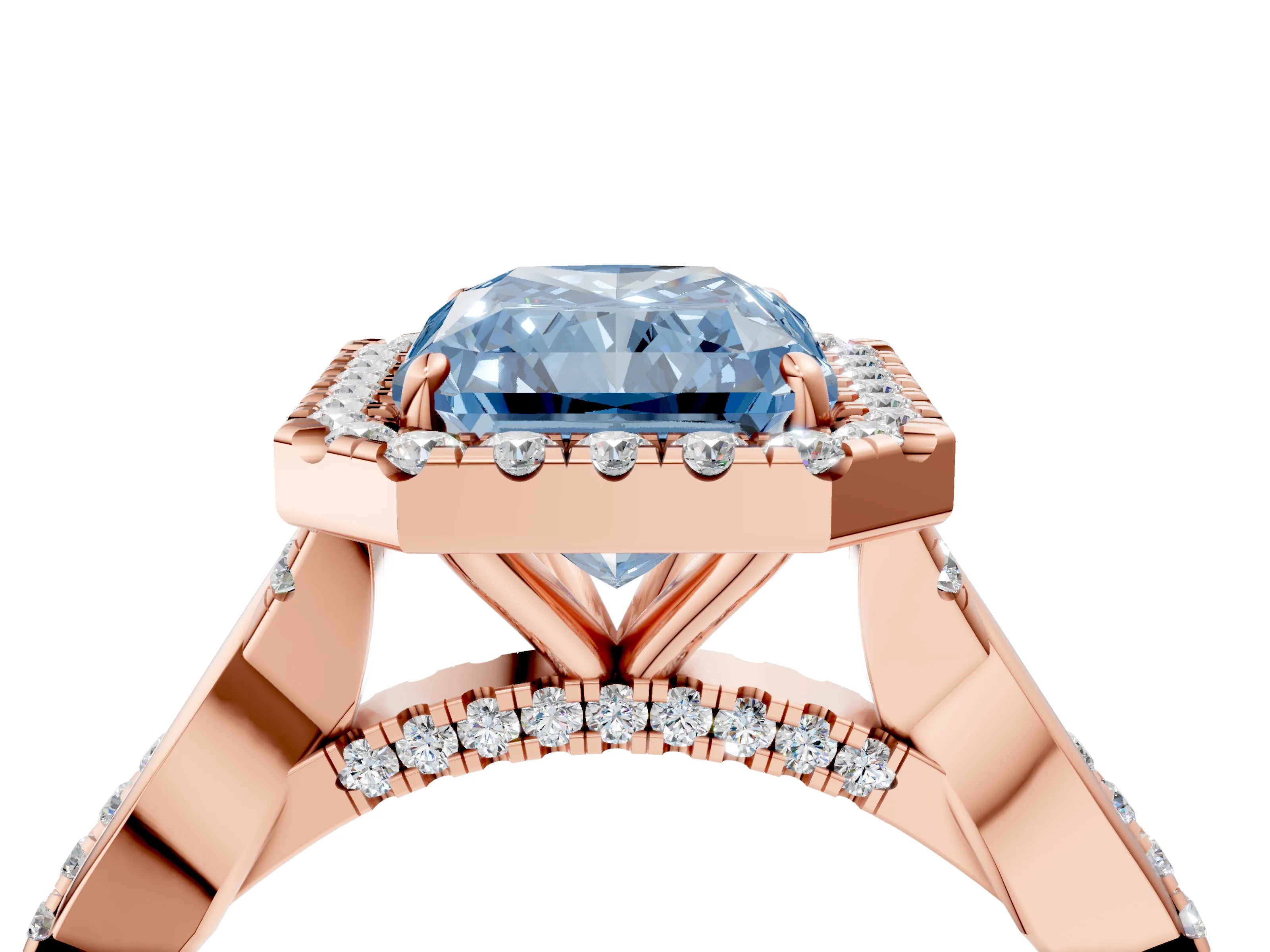 Rose gold Fancy Blue Radiant Cut Halo Twist Band with Four-Prong Setting_4