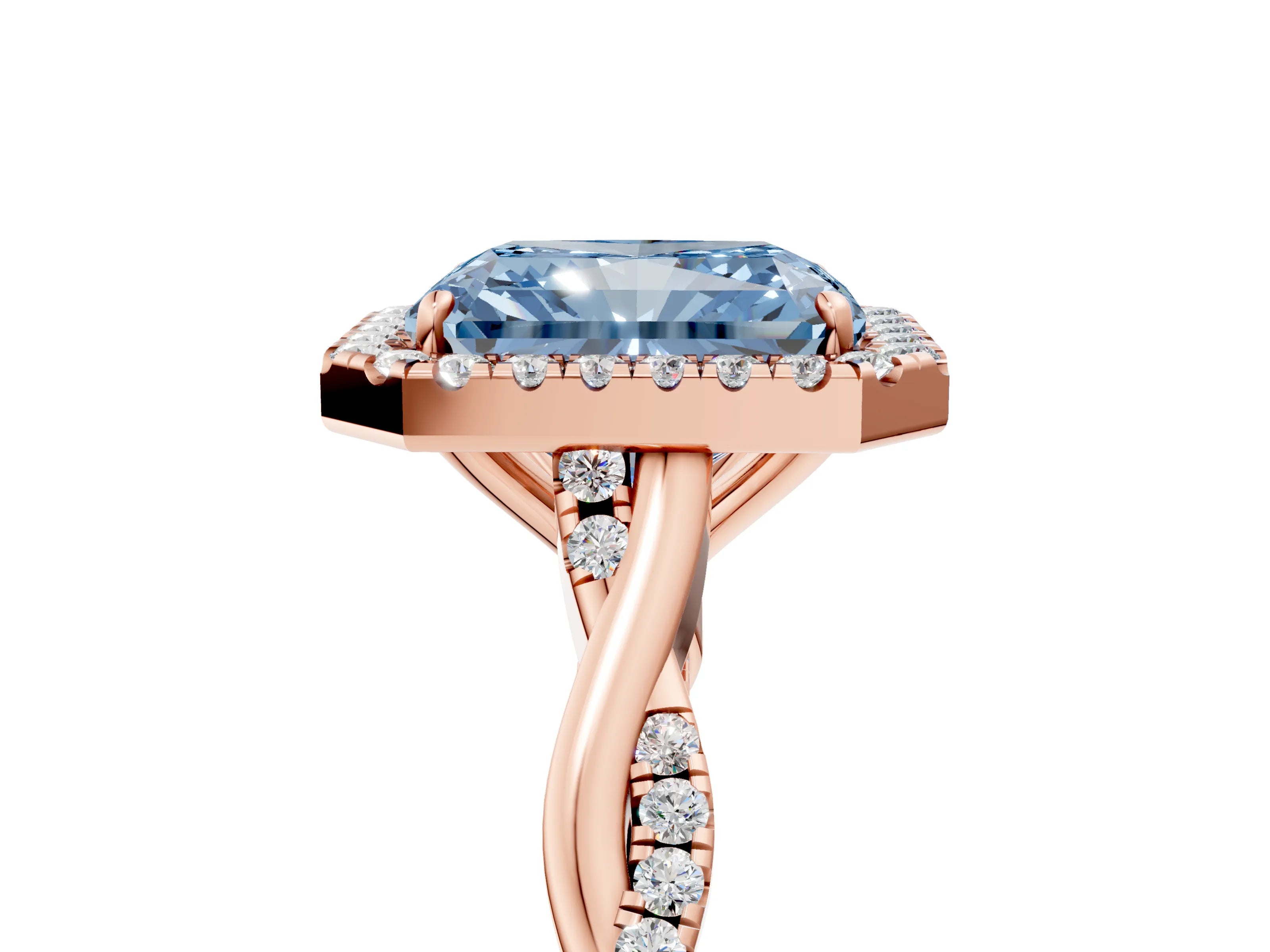 Rose gold Fancy Blue Radiant Cut Halo Twist Band with Four-Prong Setting_5