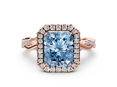 Rose gold Fancy Blue Radiant Cut Halo Twist Band with Four-Prong Setting