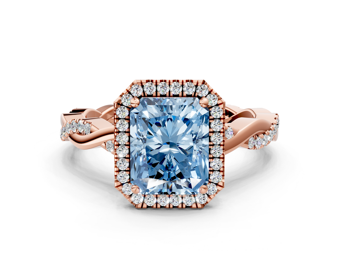 Rose gold Fancy Blue Radiant  Cut Halo Twisted Band Four-Prong Ring_20