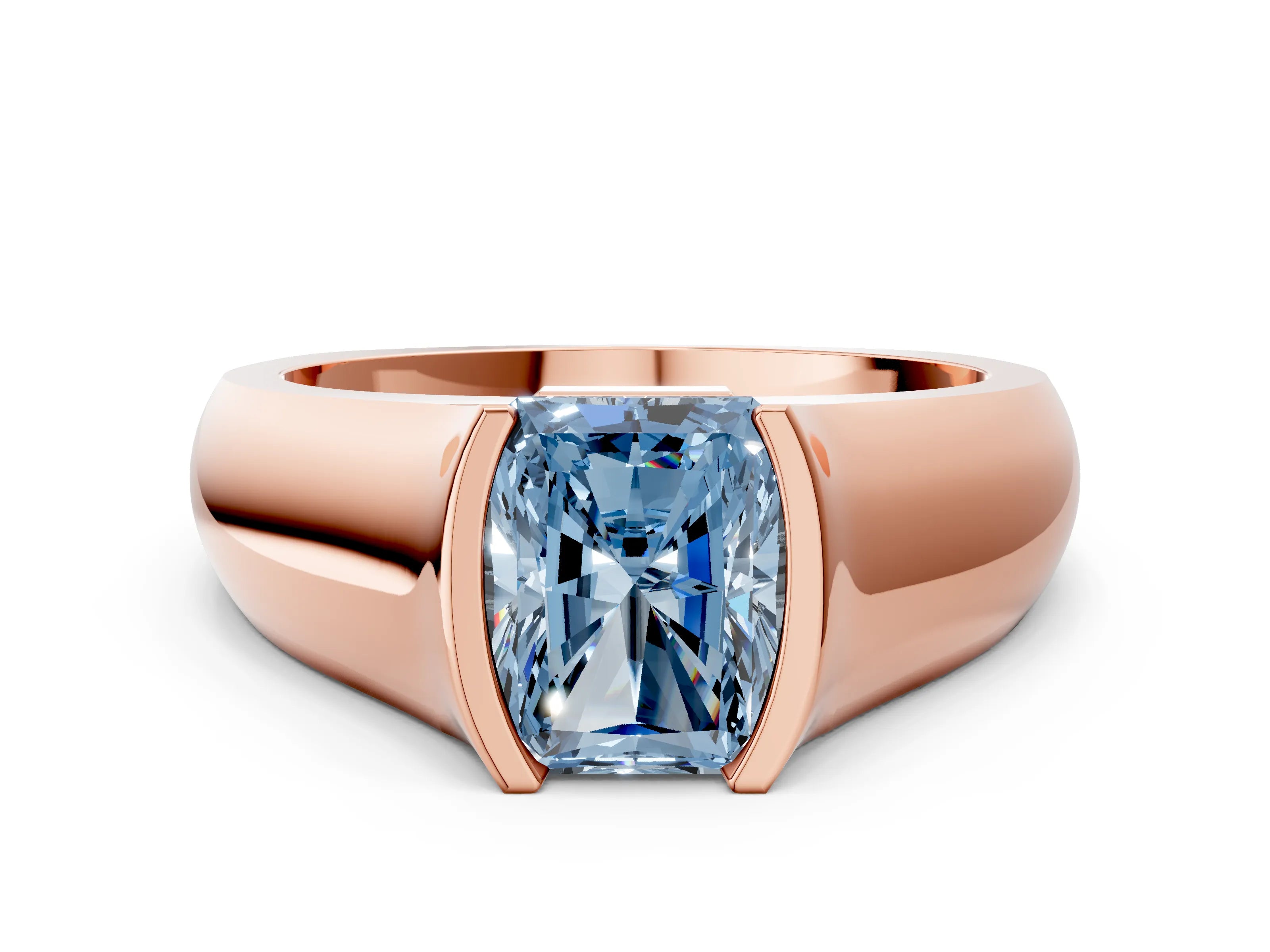 Rose gold Fancy Blue Radiant Cut Solitaire Bezel Set Diamond Ring with Wide Band