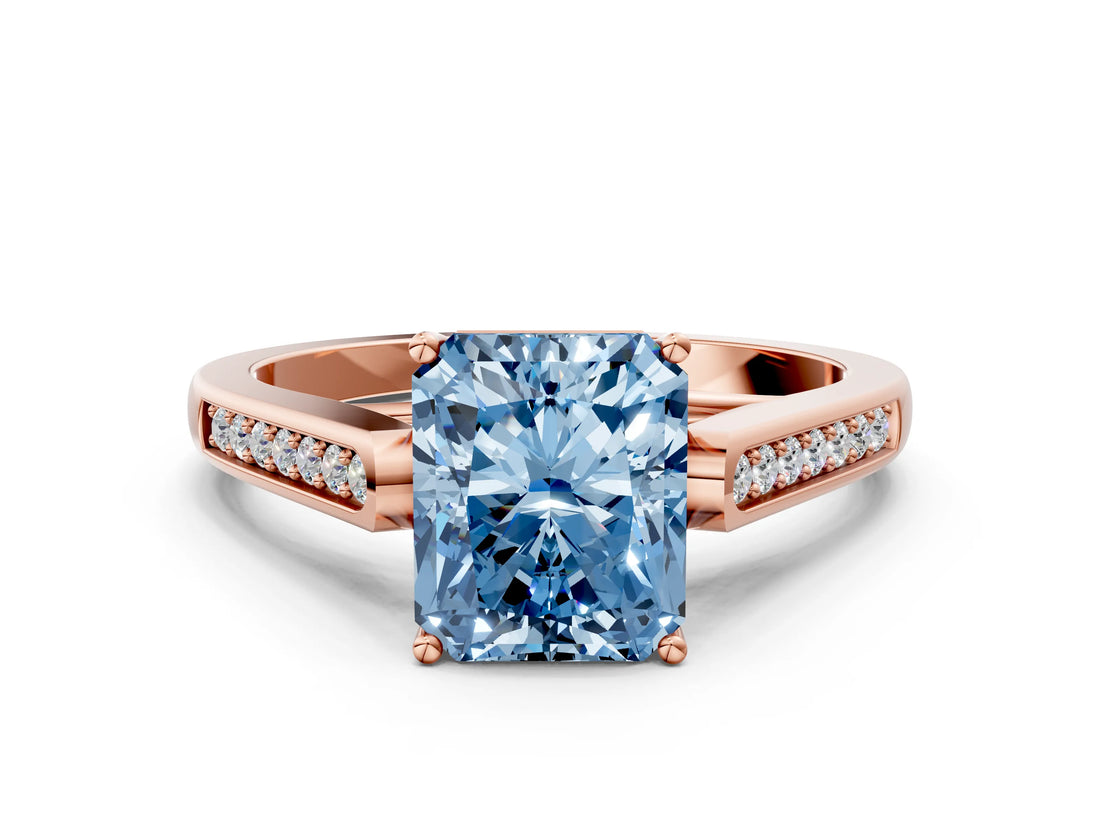 Rose gold Fancy Blue Radiant Cut Solitaire Cathedral Diamond Engagement Ring with Channel-Set Band and Four-Prong Setting_3