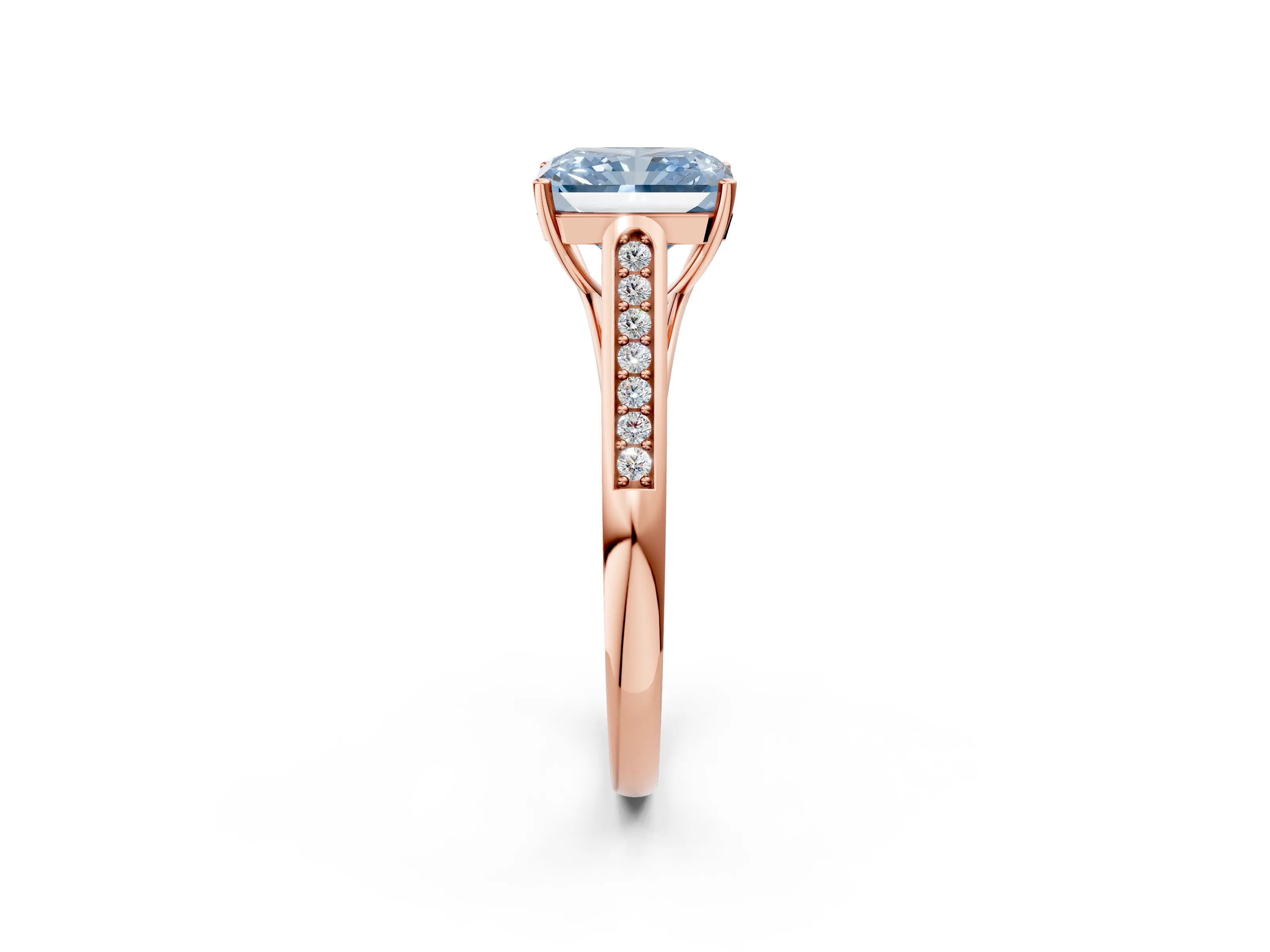 Rose gold Fancy Blue Radiant Cut Solitaire Cathedral Diamond Engagement Ring with Channel-Set Band and Four-Prong Setting_5
