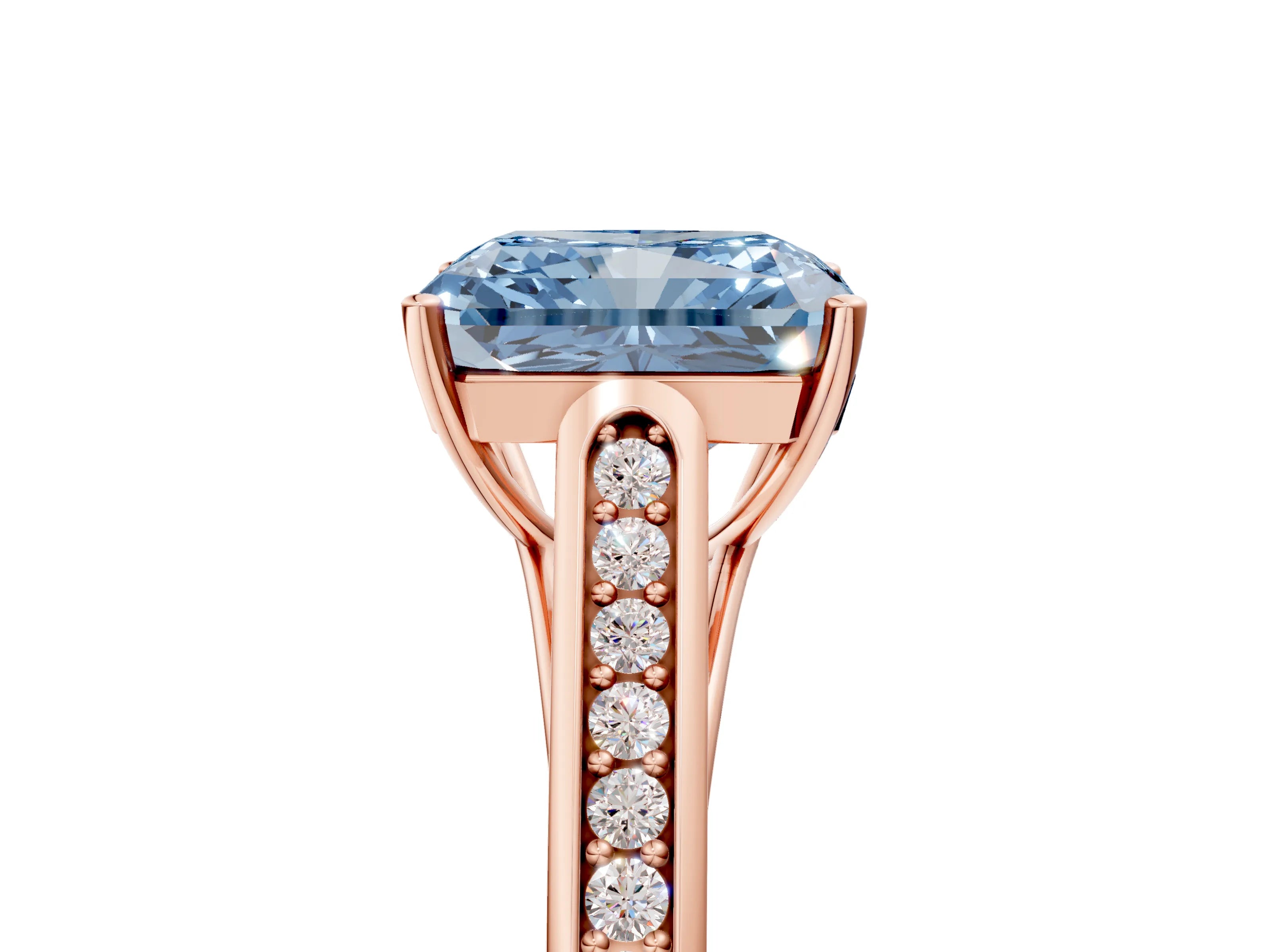 Rose gold Fancy Blue Radiant Cut Solitaire Cathedral Diamond Engagement Ring with Channel-Set Band and Four-Prong Setting_8
