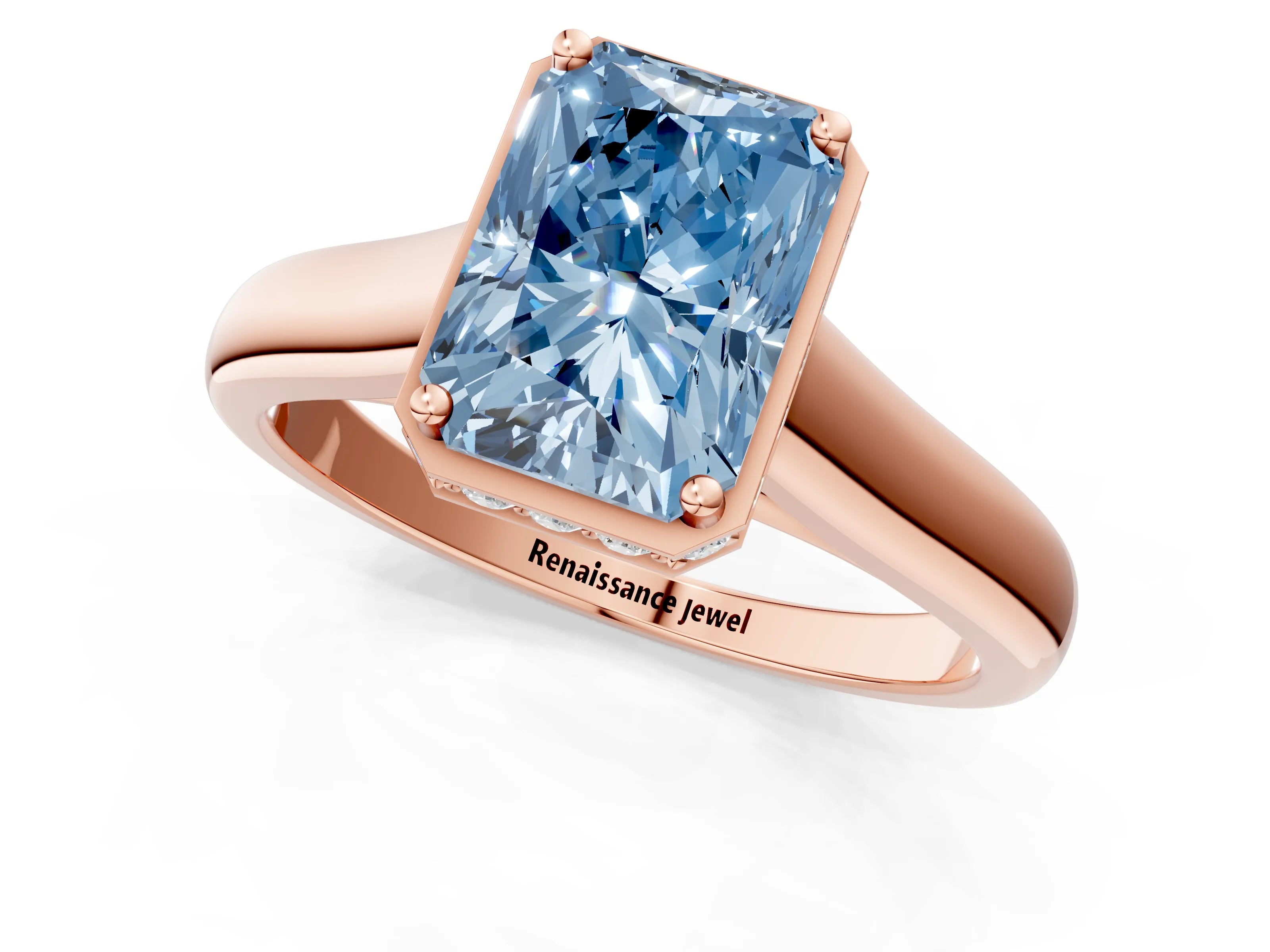 Rose gold Fancy Blue Radiant Cut Solitaire Diamond Engagement Ring with Four-Prong Setting and Tapered Band_1
