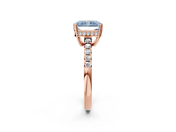 Rose gold Fancy Blue Radiant Cut Solitaire Diamond Engagement Ring with Pavé Band and Six-Prong Setting
