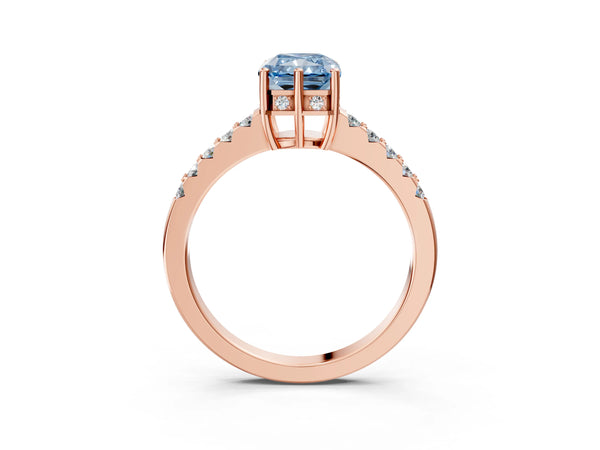 Rose gold Fancy Blue Radiant Cut Solitaire Diamond Engagement Ring with Pavé Band and Six-Prong Setting