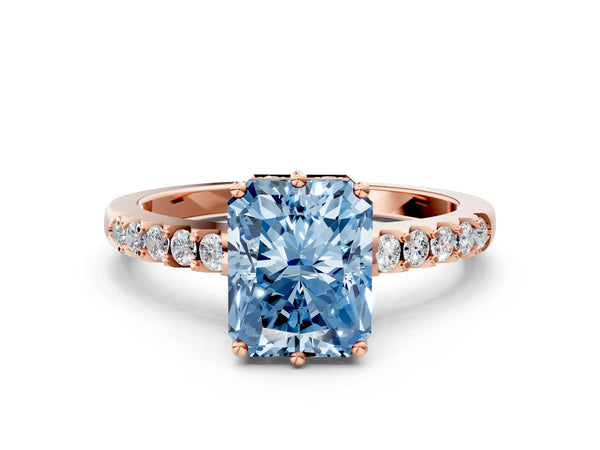 Rose gold Fancy Blue Radiant Cut Solitaire Diamond Engagement Ring with Pavé Band and Six-Prong Setting