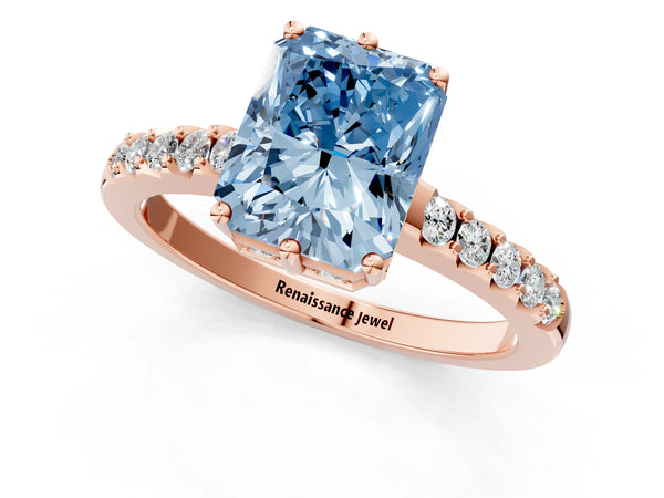 Rose gold Fancy Blue Radiant Cut Solitaire Diamond Engagement Ring with Pavé Band and Six-Prong Setting
