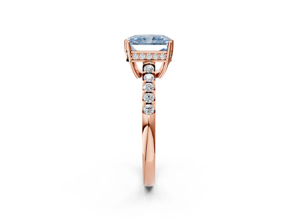 Rose gold Fancy Blue Radiant Cut Solitaire Diamond Engagement Ring with Pavé Band and Six-Prong Setting