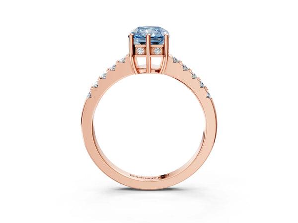 Rose gold Fancy Blue Radiant Cut Solitaire Diamond Engagement Ring with Pavé Band and Six-Prong Setting