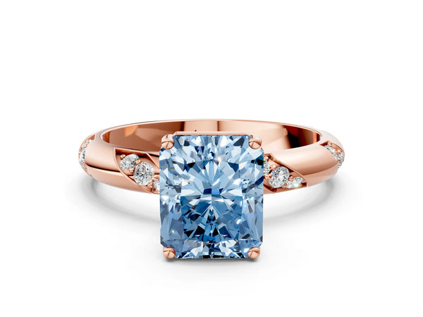 Rose gold Fancy Blue Radiant Cut Solitaire Diamond Engagement Ring with Twisted Pave Band and Four-Prong Setting