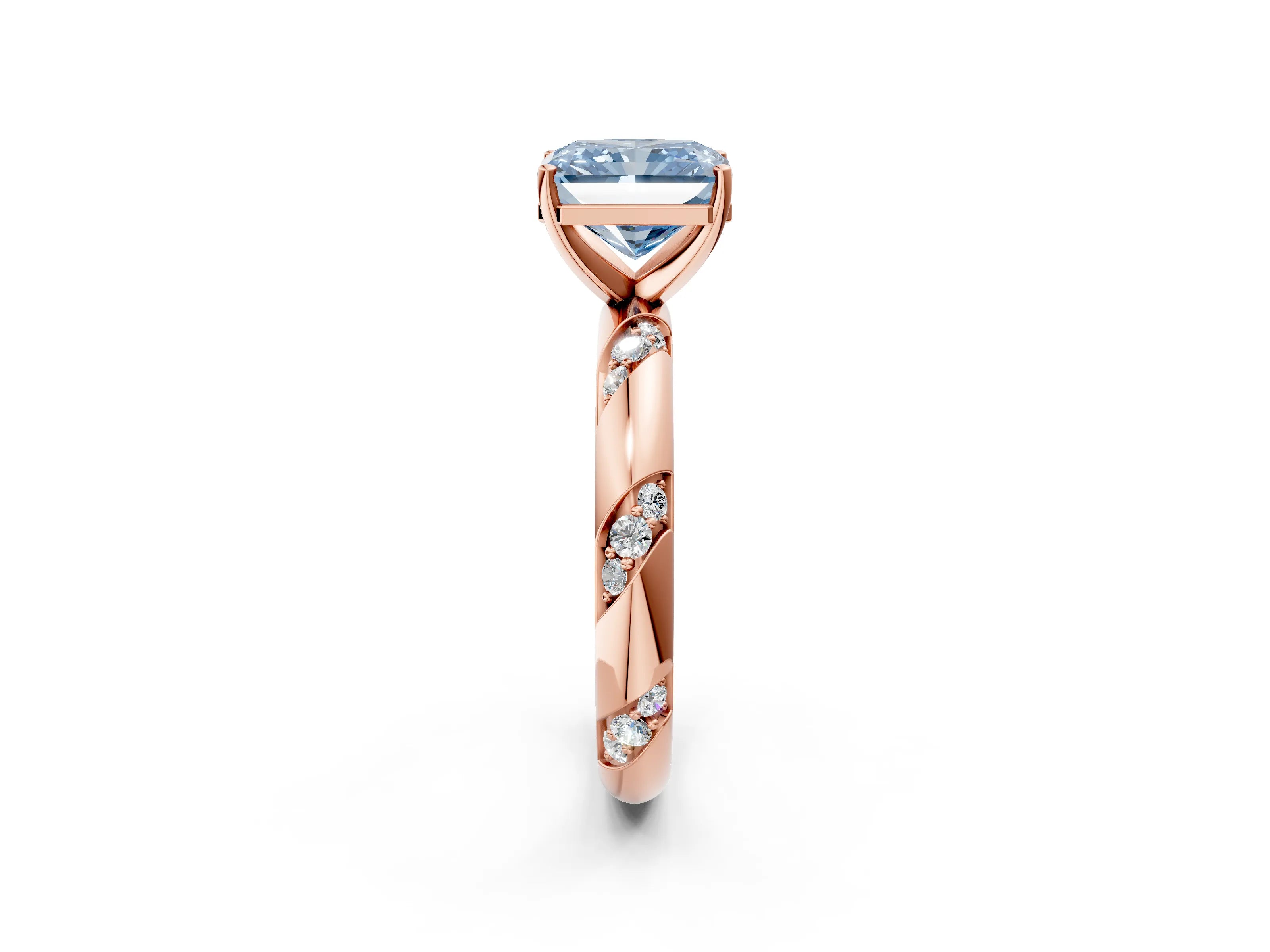 Rose gold Fancy Blue Radiant Cut Solitaire Diamond Engagement Ring with Twisted Pave Band and Four-Prong Setting_5