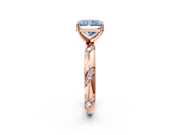 Rose gold Fancy Blue Radiant Cut Solitaire Diamond Engagement Ring with Twisted Pave Band and Four-Prong Setting