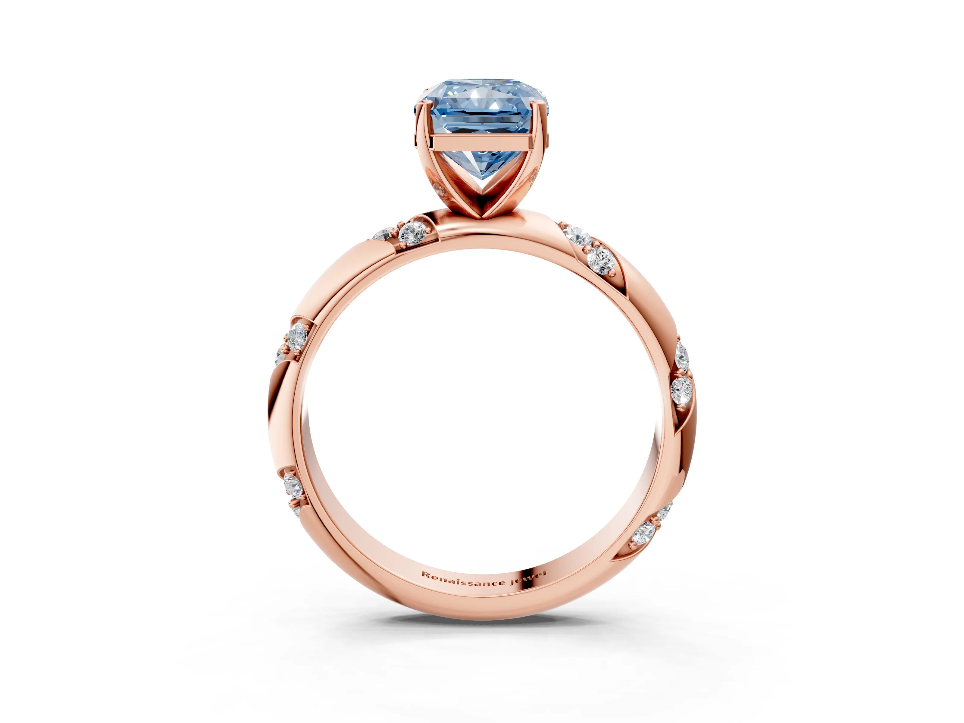 Rose gold Fancy Blue Radiant Cut Solitaire Diamond Engagement Ring with Twisted Pave Band and Four-Prong Setting_6