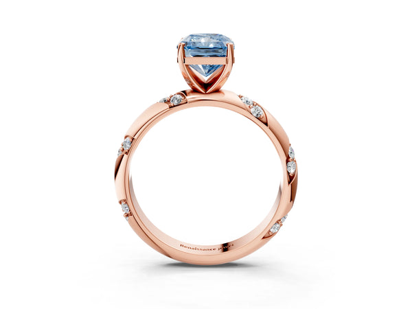 Rose gold Fancy Blue Radiant Cut Solitaire Diamond Engagement Ring with Twisted Pave Band and Four-Prong Setting
