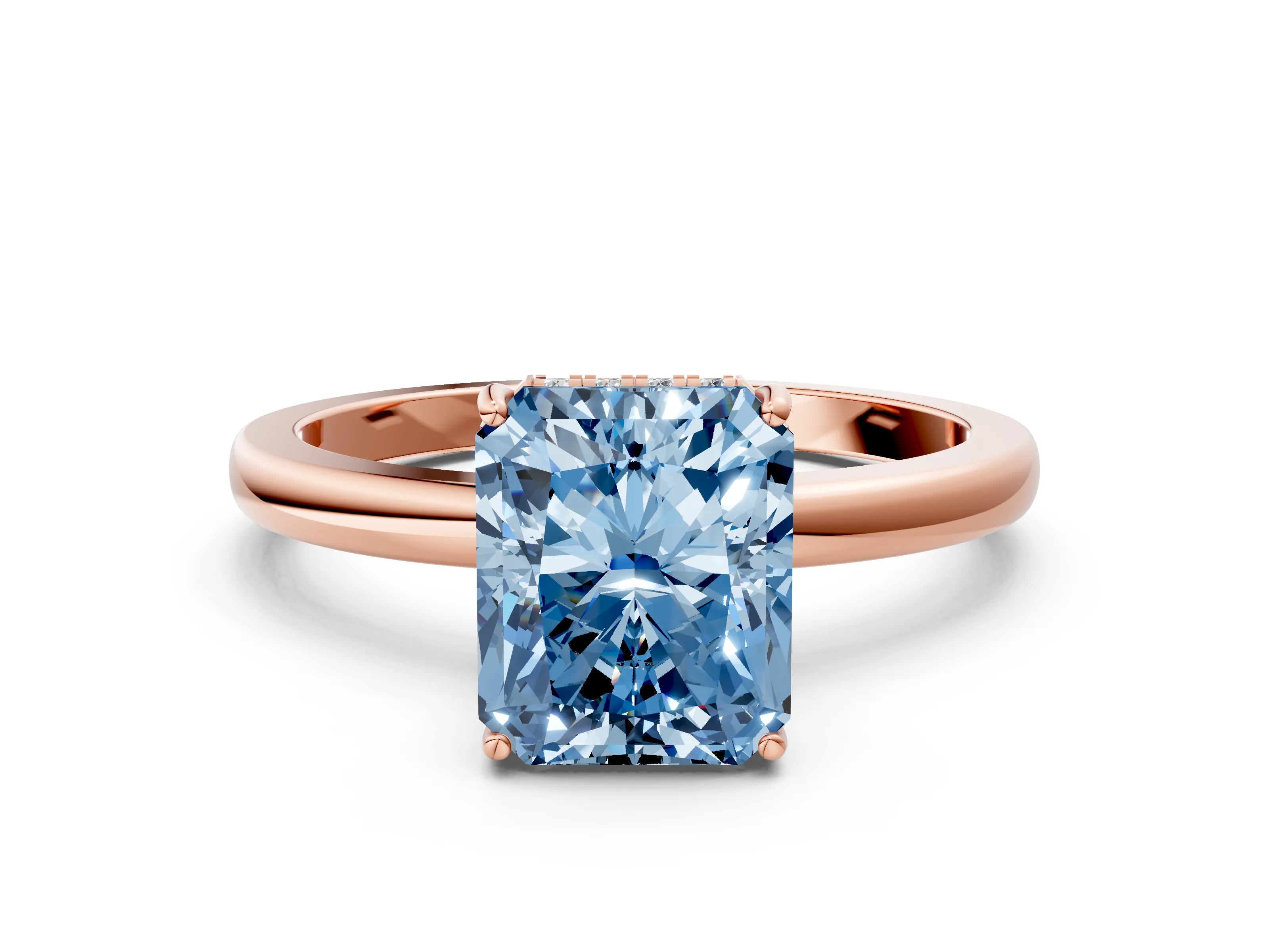 Rose gold Fancy Blue Radiant Cut Solitaire Diamond Ring with Prong Setting and Plain Band