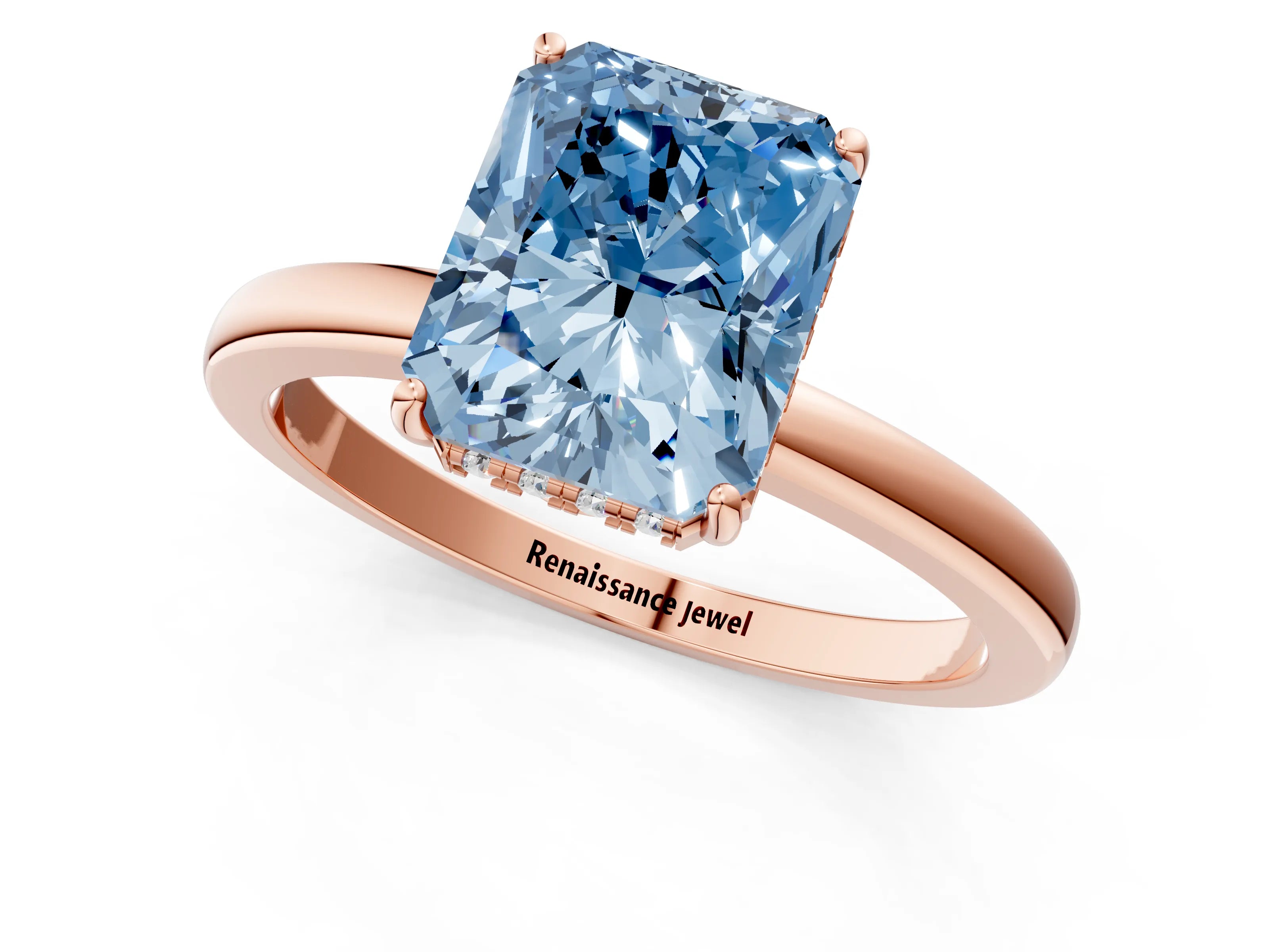 Rose gold Fancy Blue Radiant Cut Solitaire Diamond Ring with Prong Setting and Plain Band_1