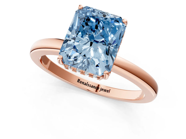 Rose Gold Radiant Cut Thin Band Hidden Halo Engagement Ring Setting for Fancy Blue Center