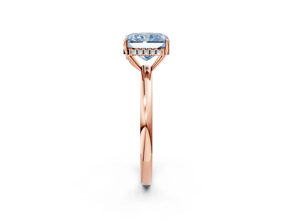 Rose Gold Radiant Cut Thin Band Hidden Halo Engagement Ring Setting for Fancy Blue Center