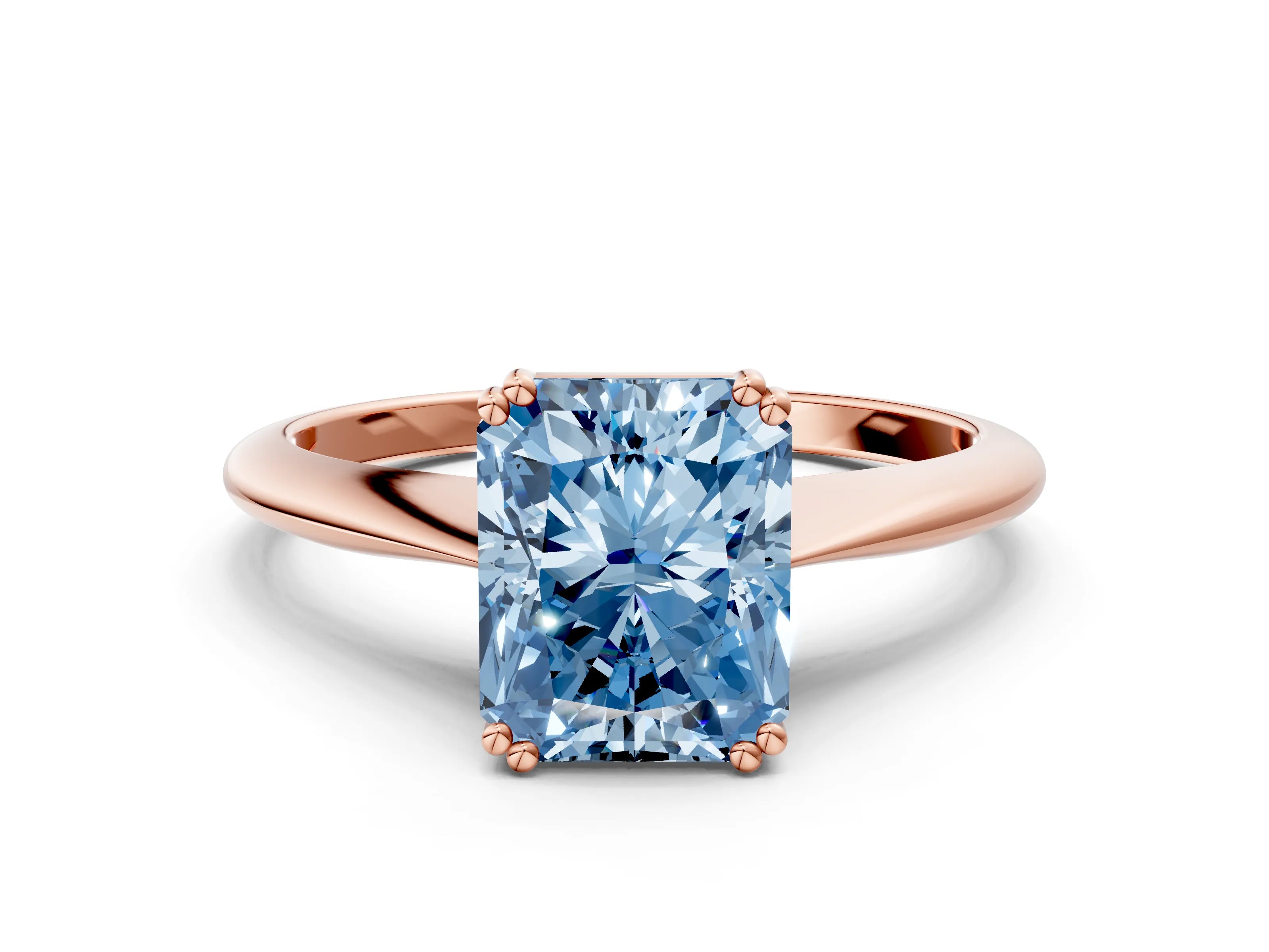 Rose gold Fancy Blue Radiant Cut Solitaire Diamond Ring with Six-Prong Setting and Classic Band